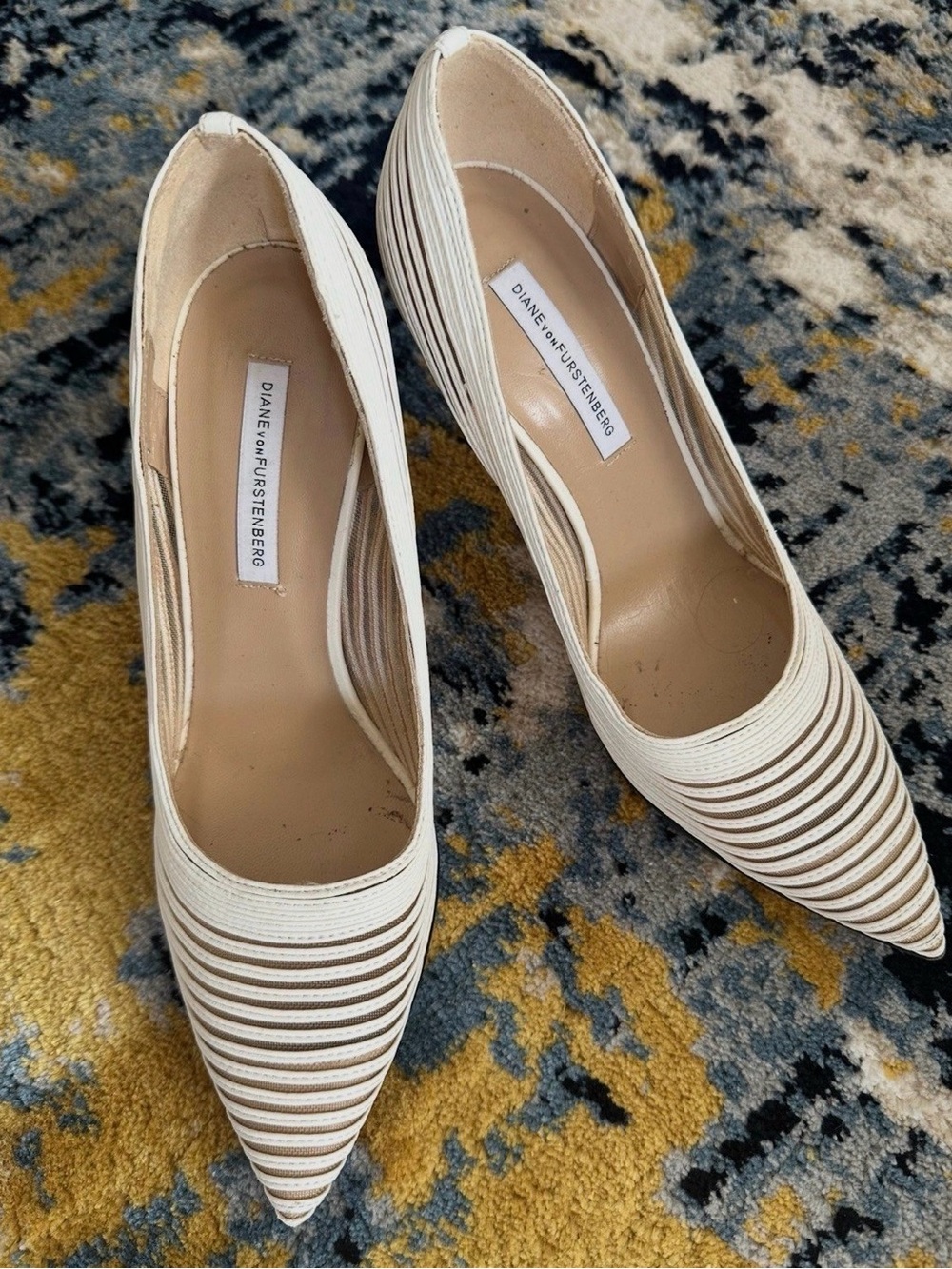 Diane Von Furstenberg Cream Striped Pointed-Toe Heels